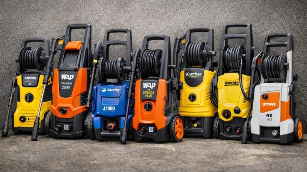 Lavadora de alta pressão lavando carro, foco no jato de água e espuma ativa, cenário residencial, alta qualidade
