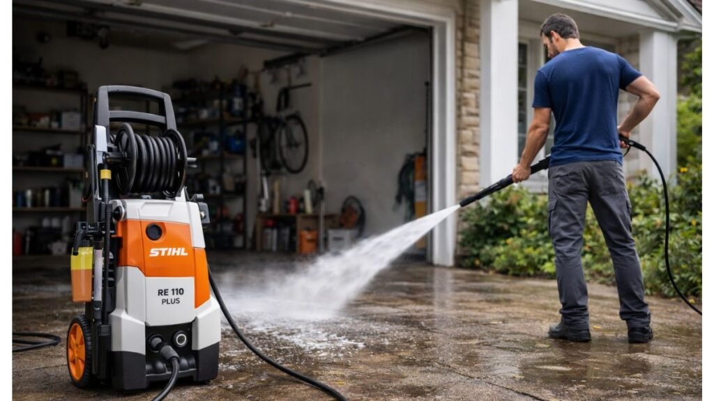 Lavadora de alta pressão limpando piso encardido e limo, sujeira pesada sendo removida, estilo realista profissional
