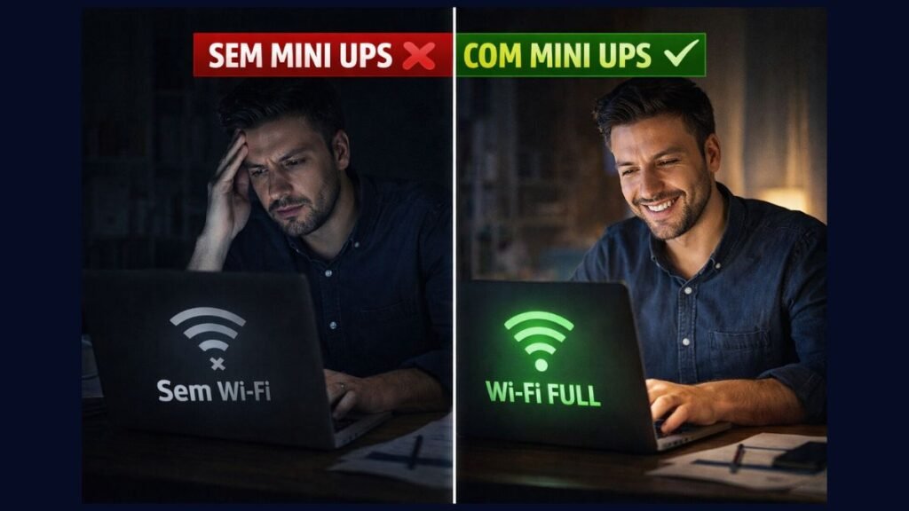 Comparativo de produtividade com e sem o kit de energia para roteador. Internet sem Luz